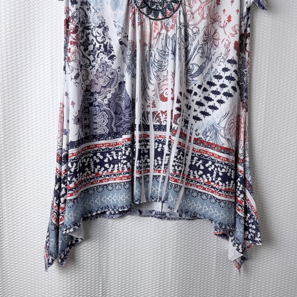 World Unity Tunic Top Knit Women XL Blue Paisley Crochet Lace Sharkbite Hem - Picture 4 of 10